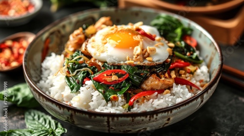 A beautiful presentation of Pad Kra Pao (Thai basil stir-fry) served over jasmine rice with a fried egg on top, a beloved Thai comfort dish.