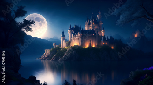 An old mysterious castle in the middle of a lake on an island at night under the moonlight