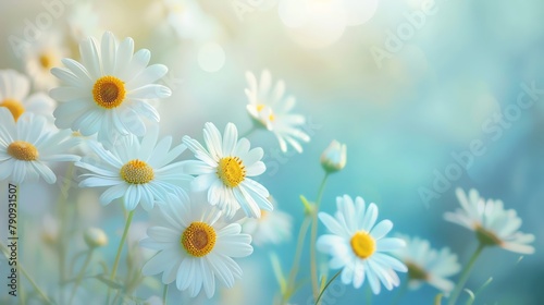 A cluster of white daisies with bright yellow centers  set against a soothing pastel blue background  ideal for peaceful  tranquil imagery