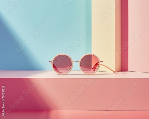 A minimalist design featuring round sunglasses on a pastel color block background, for a fresh, modern look in summer accessory campaigns © Pawankorn