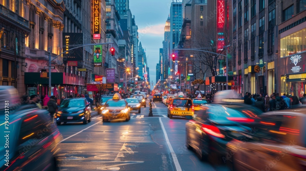 Obraz premium A bustling city street with cars zipping by, showcasing the vibrant energy of urban transportation arteries.