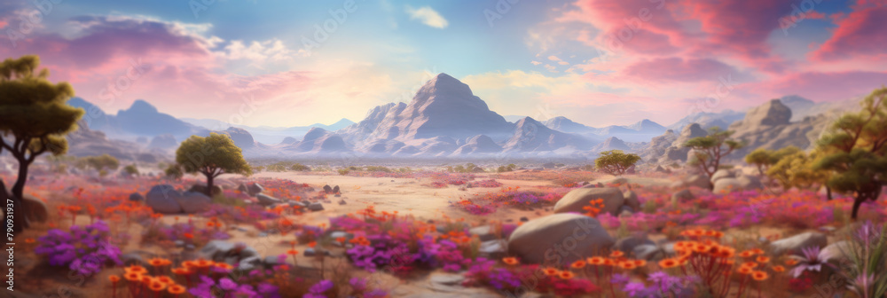 Blooming Desert Valley With Colorful Flowers And Majestic Mountains At Sunset. Desert Landscape. Generative AI