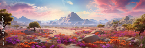 Blooming Desert Valley With Colorful Flowers And Majestic Mountains At Sunset. Desert Landscape. Generative AI