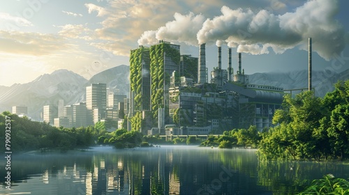 Digital artwork of a modern, vine-covered industrial facility emitting smoke by a serene mountain lake, reflecting sustainable themes.