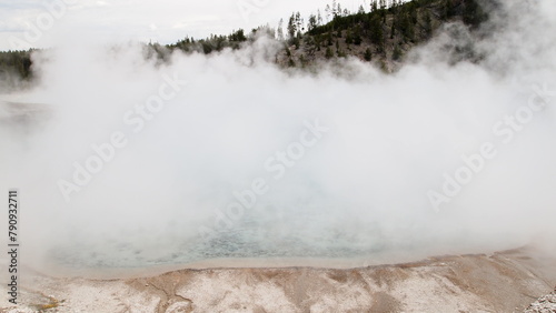 A large thick smoke or steam formed on top of a geothermal spring pool