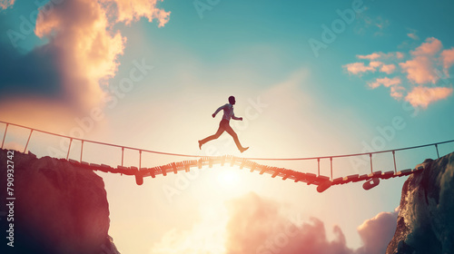 A man confidently strides across a suspended bridge with dramatic clouds and setting sun in the background