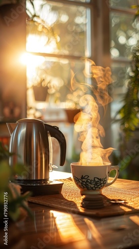 Steaming tea cup with an electric kettle on a sunny kitchen counter, evoking a cozy, warm morning atmosphere.