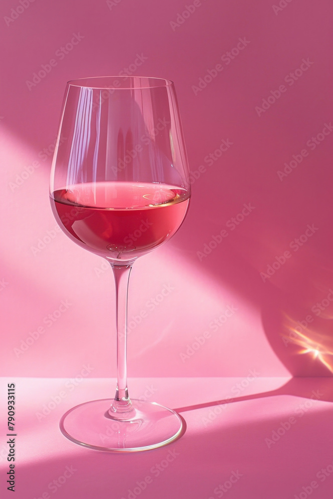Glass of red wine on pink surface illuminated by bright light, elegant and sophisticated wine concept Glass of red wine on pink surface illuminated by bright light, elegant and sophisticated wine concept