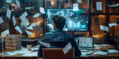 Overwhelmed businessman in chaotic office with screen displaying market downturn