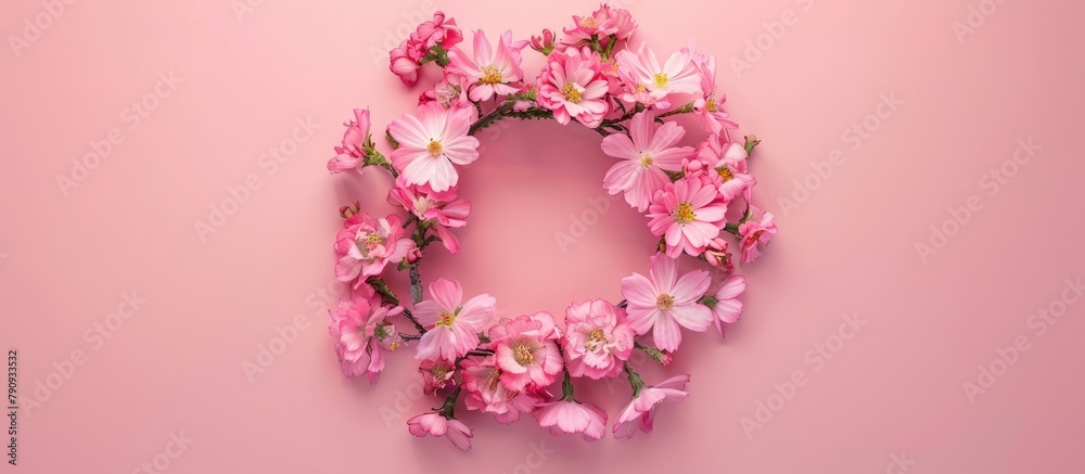 Arrangement of flowers. Pink floral wreath set against a pink backdrop. Overhead view with room for text.