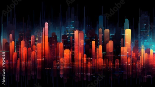 Futuristic city panoramic illustration. Cityscape with skyscrapers and neon lights.