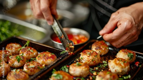 A chef carefully crafting delicate Thai fish cakes, seasoned with fragrant herbs and spices and served with a sweet chili dipping sauce.