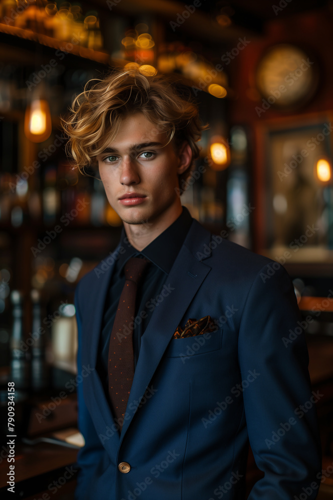 Young man in a stylish blue suit posing inside a vintage bar Young man in a stylish blue suit posing inside a vintage bar