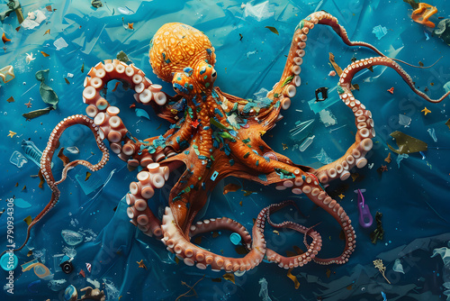 An artist s rendition of an octopus using ocean debris  isolated on an artistic ocean cleanup indigo background for World Ocean Day