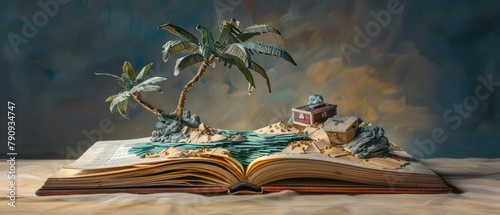 Hyper-realistic 3D Diorama of Desert Island Adventure Scene with Paper Palm Tree and Buried Treasure Chest from Book Pages