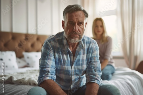 upset man sitting in the bedroom on the bed against the background of his wife, sexual dysfunction, family conflict photo