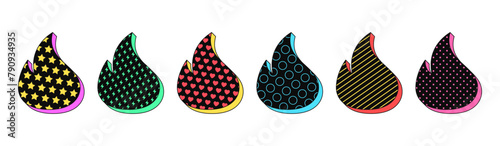 Isolated retro black fire icon set, vector stickers. Hot content, flame shape, top, super popular, burning hit, blaze. Textured 3d fire set, retro design elements for ads, party and pop culture