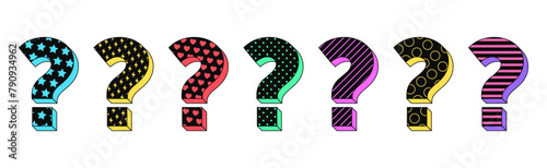 Isolated retro black question icon set, vector stickers. Ask, unknown problem, quest, find solution, secret, search answer. Textured 3d question mark set, retro design elements for ads and pop culture