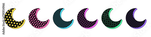 Isolated retro black crescent icon set, vector stickers. Half moon, magic dream, night and sleep time, moon phase. Textured 3d crescent set, retro design elements for party, ads and pop culture