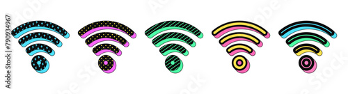 Isolated retro black wifi icon set, vector stickers. Wireless internet and network connection, hotspot, 5g wifi router, antenna. Textured 3d wifi set, retro design elements for ads and pop culture