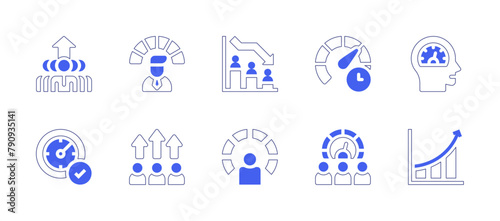 Performance icon set. Duotone style line stroke and bold. Vector illustration. Containing low performance, performance, speedometer, chart, meter, efficiency, success.