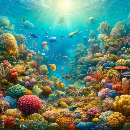 Colorful Coral Reef with Marine Life Underwater © GrayAza