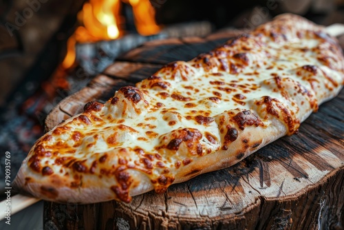 Grilled Khachapuri, Traditional Georgian Long Bread on a Skewer Fried on Grill with Melted Burnt photo