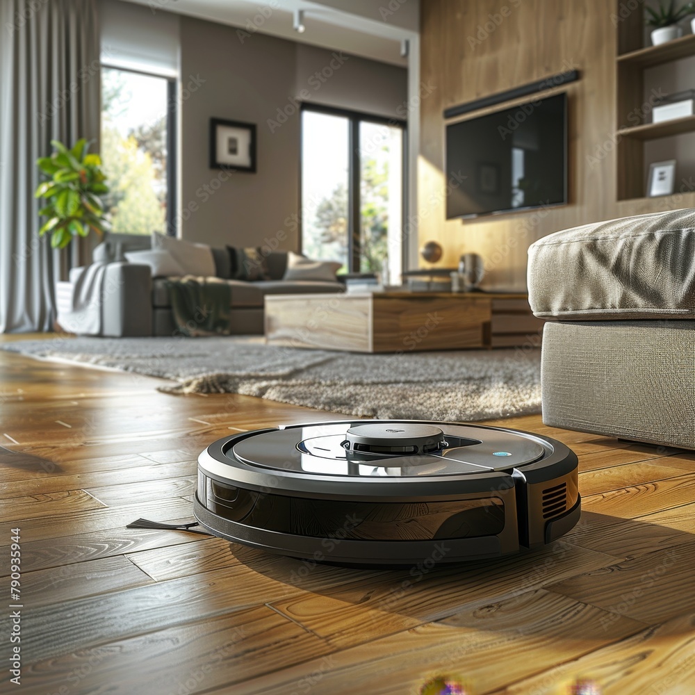 An autonomous robot vacuum cleaner glides across a wooden floor in a stylish, contemporary living room illuminated by warm lighting. An autonomous robot vacuum cleaner glides across a wooden floor in a stylish, contemporary living room illuminated by warm lighting.