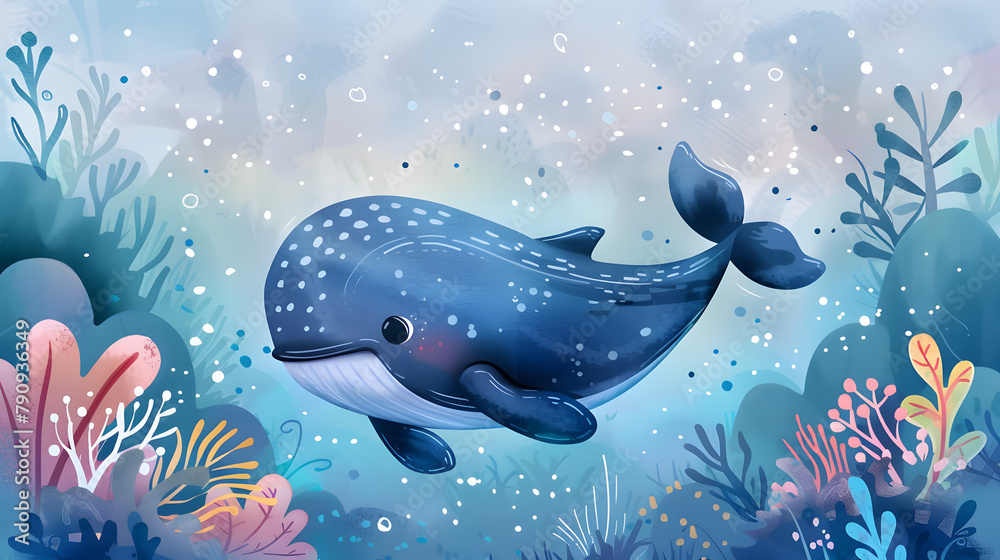 Cute cartoon whales illustration, sea or ocean background