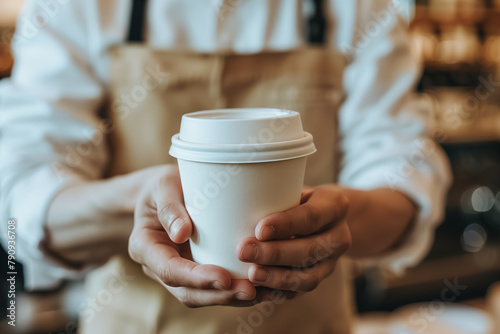 Close-up of a disposable coffee cup, offered by a barista in apron, symbolizing warm hospitality and service.