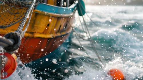 A close-up of a colorful fishing trawler returning to port with a bountiful catch, showcasing the livelihoods supported by maritime industries.