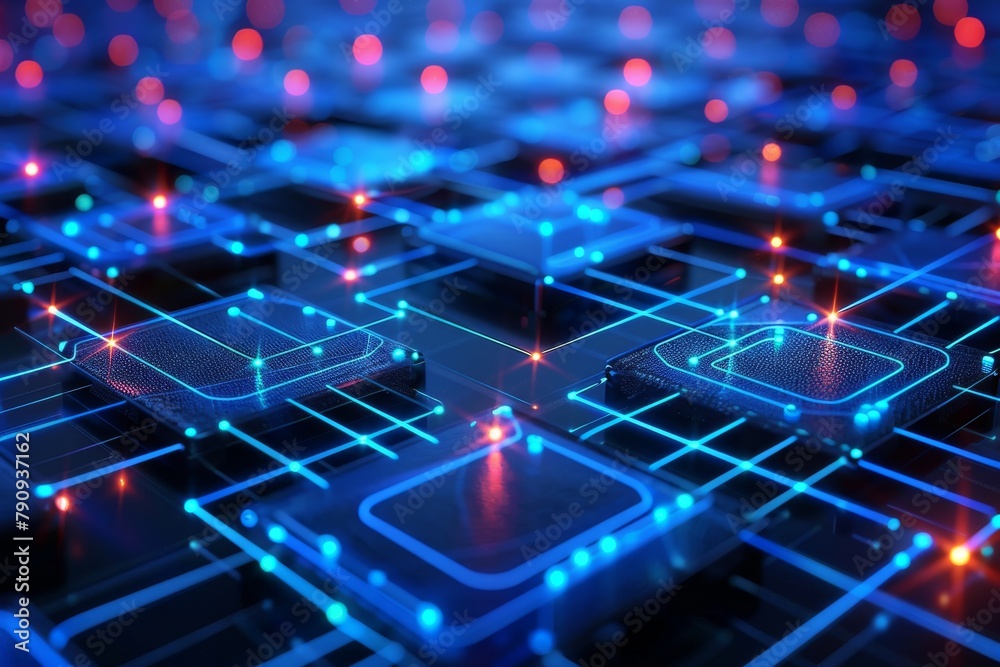 Vibrant visual effects on a circuit board with blue and red lights Vibrant visual effects on a circuit board with blue and red lights