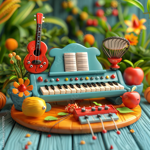 set of cartoon musical instruments. on the festive podium idea for business cards and stickers, children's books, icons