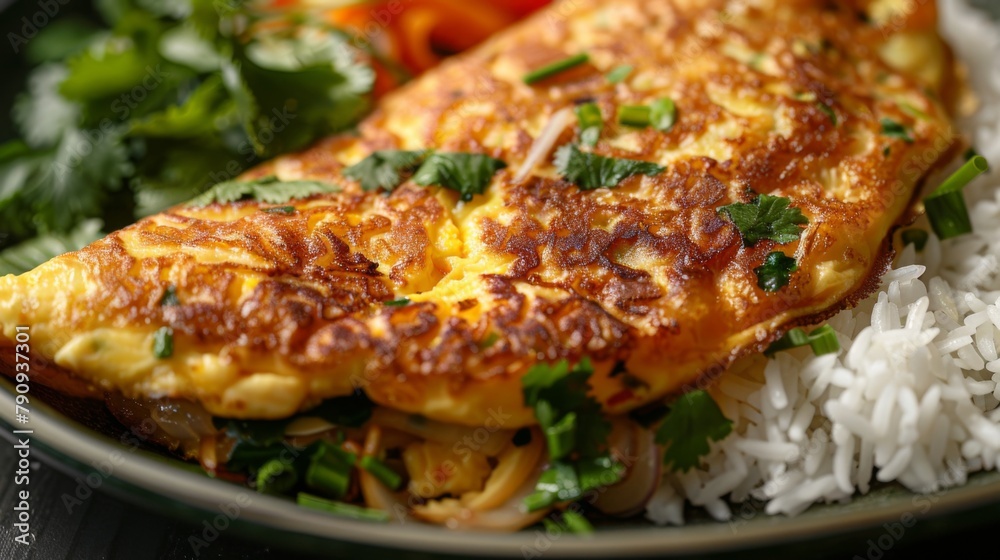 A close-up of a golden and crispy Thai-style omelet stuffed with minced pork, onions, and cilantro, served with jasmine rice.