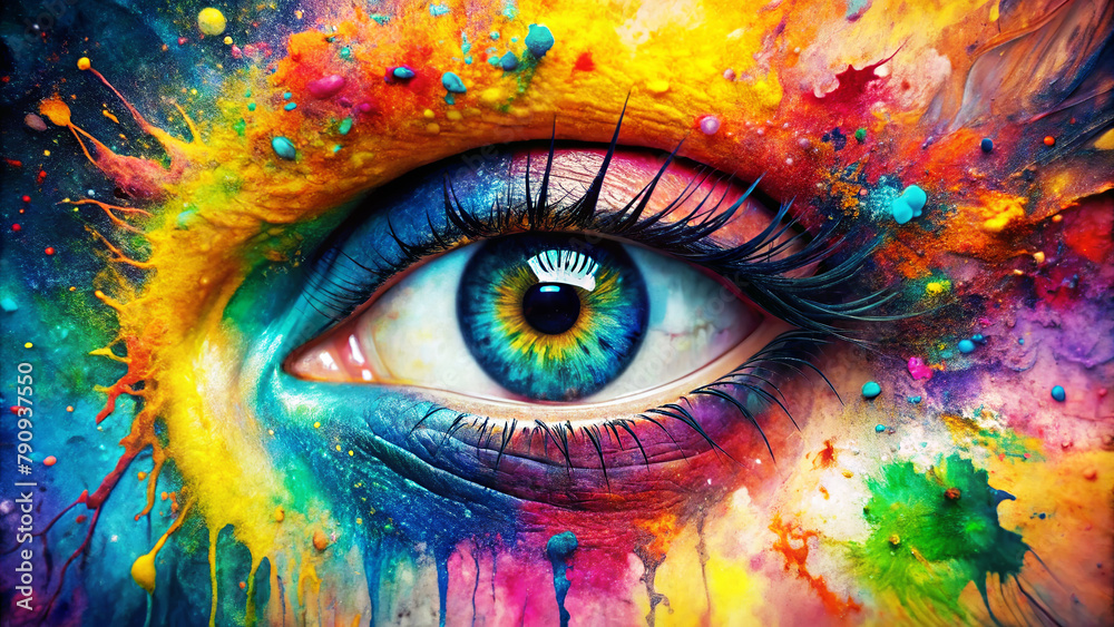 Vibrant colors explode around a detailed human eye, creating a mesmerizing contrast between the natural and the imaginative. Splashes and droplets of paint seem to dance around the iris.AI generated.