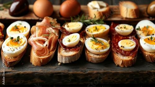  eggs and meats atop bread, bread slices adjacent