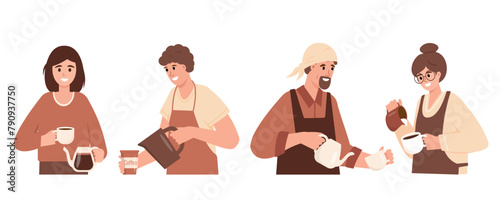 Set of people making Coffee. Male and female Barista characters working in coffee shop or cafe. Flat or cartoon Vector illustration isolated on white background. © Елена Истомина