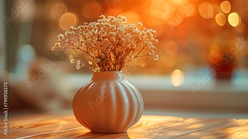   A table holds two vases, each brimming with baby's breath