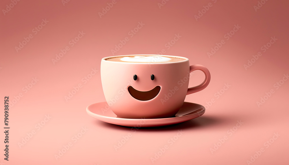 latte coffee in a cup minimalism smile pink background. Generative AI. latte coffee in a cup minimalism smile pink background. Generative AI.