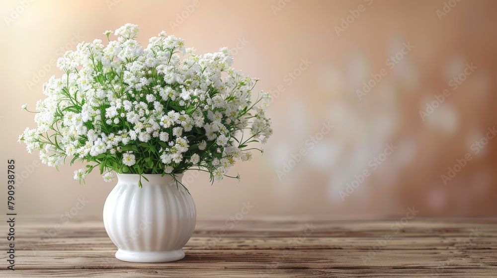 A clear background reveals a white vase, brimming with white blossoms, atop a weathered wooden table A clear background reveals a white vase, brimming with white blossoms, atop a weathered wooden table
