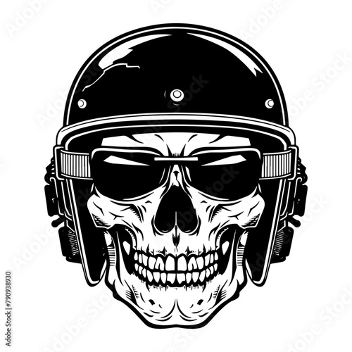A black and white illustration of a skull wearing a motorcycle helmet.
