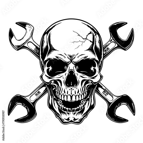 A black and white skull with crossed wrenches behind it.