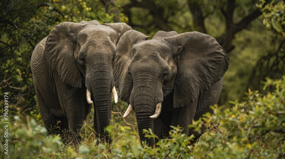 Fototapeta premium An African elephant with large ears and tusks standing in the wild grass of a safari park
