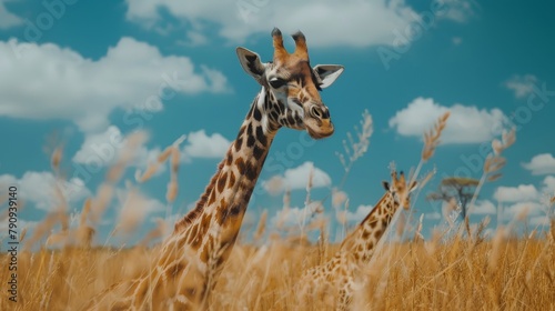 Giraffe standing tall in the savannah with its long neck  surrounded by wildlife and nature