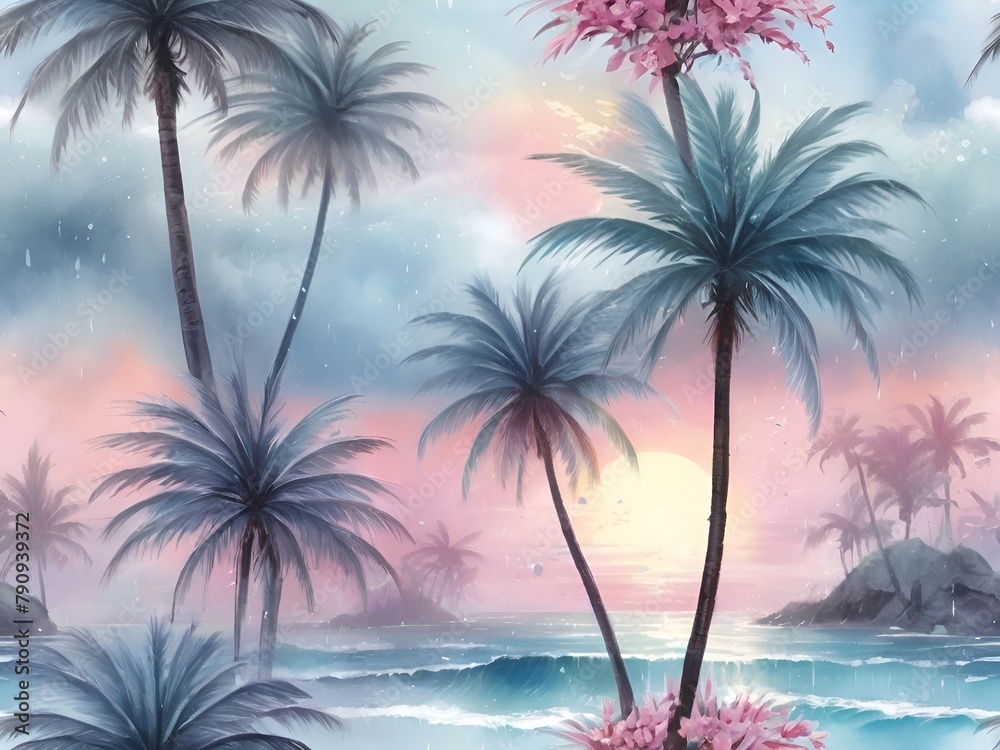 Palm trees, tropics, paradise. Watercolor drawing of tropical rain forest. Summer vacation adventure and vacation travel freedom concept. 