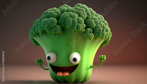 Cute broccoli 3D cartoon character. Generative AI.