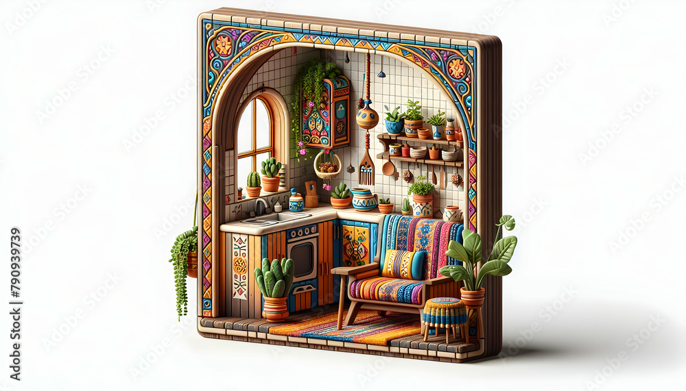 3D Icon: Discover a Bohemian Rhapsody Kitchen with Eclectic Patterns and Hanging Ivy for a Free-Spirited Culinary Journey in Realistic Interior Design with Nature - Stock Construction Concept