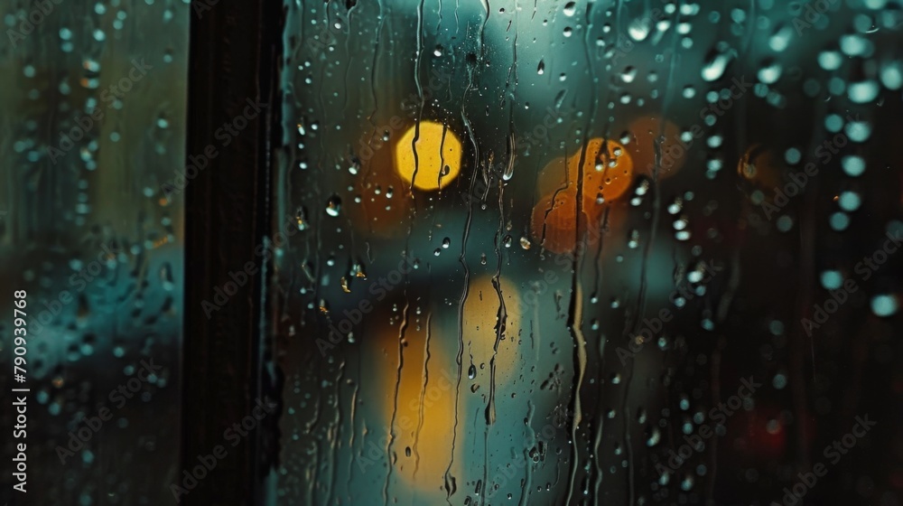 Fototapeta premium A close-up of water droplets trickling down a windowpane during a rainstorm, creating a soothing and melancholic ambiance indoors.