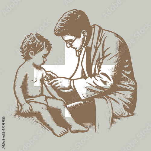 vector stencil drawing on a gray background dostor listens with a stethoscope to a sitting boy photo