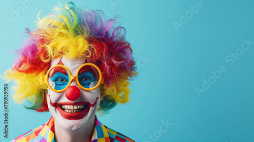 Happy clown ,with copy space, on pastel blue background